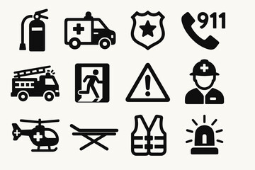 Emergency response icons set including ambulance, fire extinguisher, police badge, and 911 call