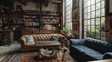 Rustic Brick Wall Library with Bookshelves and Leather Sofas with Natural Light from Large Windows Interior Design in Rich Detailed Ambience