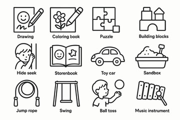 Fototapeta premium Child's playtime activities icon set: drawing, puzzle, sandbox, and more