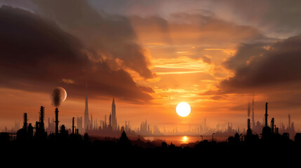 Fototapeta premium Industry metallurgical plant dawn smoke smog emissions bad ecology. Concept of air pollution in the city. Call for urgent action to protect the environment.