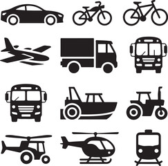 Vehicle Silhouette Vector Bundle &ndash; 10 Black Icons &ndash; Car, Motorcycle, Bicycle, Truck, Bus, Airplane, Boat, Train, Helicopter & Tractor