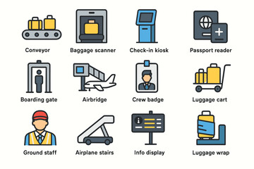 Airport equipment icons: baggage scanner, check-in kiosk, passport reader, airplane stairs