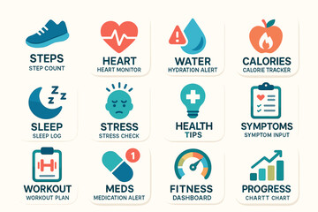 Health and fitness icons for wellness tracking and monitoring