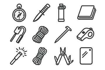 Obraz premium Essential camping gear icons: compass, knife, flashlight, water bottle, carabiner, rope, tent peg, whistle, multi-tool, mirror