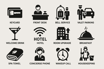 Hotel services icon set: keycard, front desk, bell service, valet parking, amenities