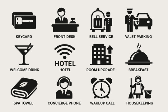 Hotel services icon set: keycard, front desk, bell service, valet parking, amenities