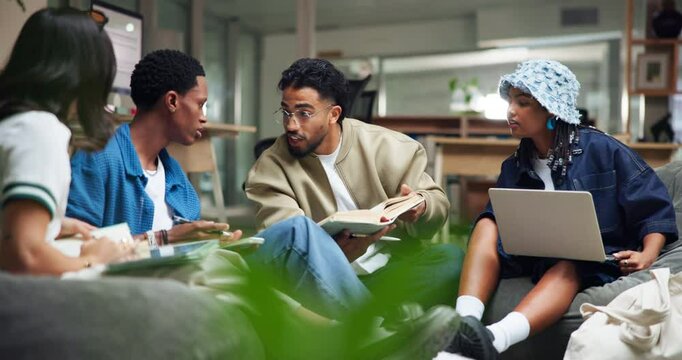 People, students and talk with book in library for research, study session and education at college. Group, friends and laptop for project, assignment and test preparation with information for thesis