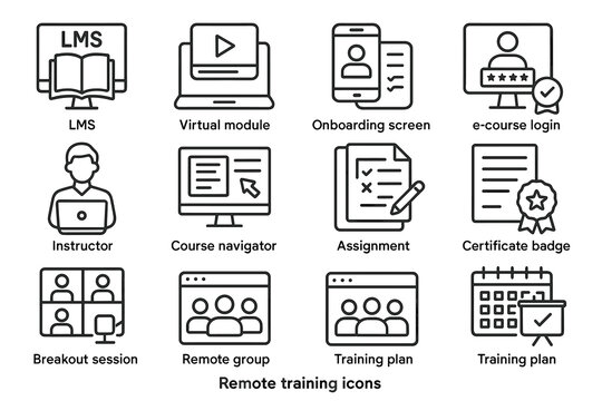 Remote training icons: lms, virtual modules, onboarding, assignments, certificates