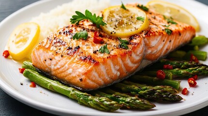 A grilled salmon fillet with crispy skin is plated on a bed of steamed asparagus spears and white rice. Lemon wedges and red pepper flakes add color and flavor