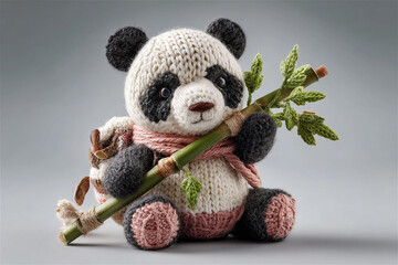 Cute knitted panda toy holding bamboo