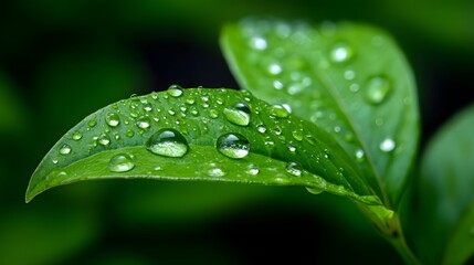 Fototapeta premium Close-up of a verdant green leaf covered in glistening dew drops, conveying a sense of natural freshness and purity.