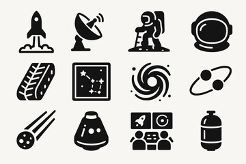 Space exploration icons: rocket, satellite, astronaut, helmet, meteors, constellation, capsule