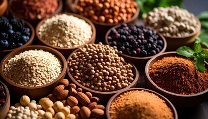 Assorted organic spices and herbs in small bowls with fresh mint leaves