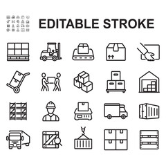 Collection of warehousing related icons. Thin line vectors. Contains icons such as pallet, box arrangement, container and more.