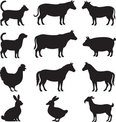 Domestic Animal Silhouette Vector Bundle – 10 Black Icons – Cat, Dog, Cow, Pig, Chicken, Sheep, Horse, Rabbit, Duck & Goat