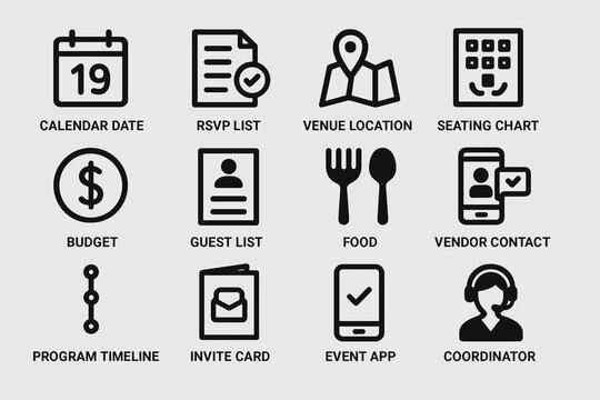 Event planning icons: calendar, rsvp, venue, seating, budget, guest, food, vendor, timeline, invitation, app, coordinator