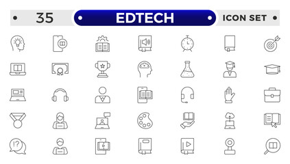 Edtech outline icon set representing online education and virtual learning. Includes icons of students, teachers, laptops, graduation caps, certificates, video tutorials, and e-learning too.