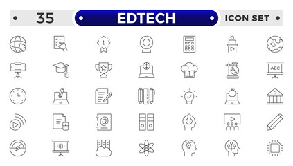 Edtech outline icon set representing online education and virtual learning. Includes icons of students, teachers, laptops, graduation caps, certificates, video tutorials, and e-learning too.