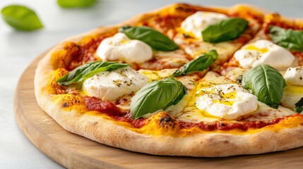 A mouthwatering Margherita pizza featuring melted cheese, rich tomato sauce, and fresh basil leaves, beautifully presented to highlight the simplicity of Italian cuisine.