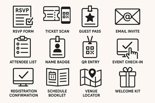 Event management icons: rsvp, tickets, check-in, and more