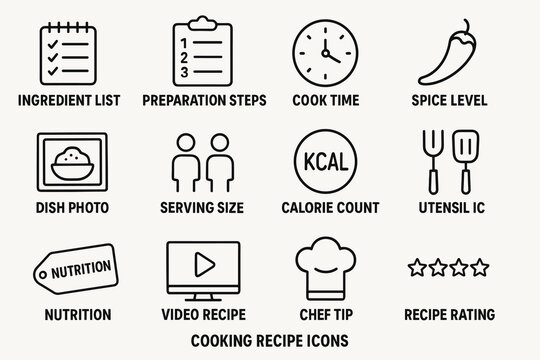 Cooking recipe icons: ingredients, preparation steps, cook time, spice level, nutrition, chef tips