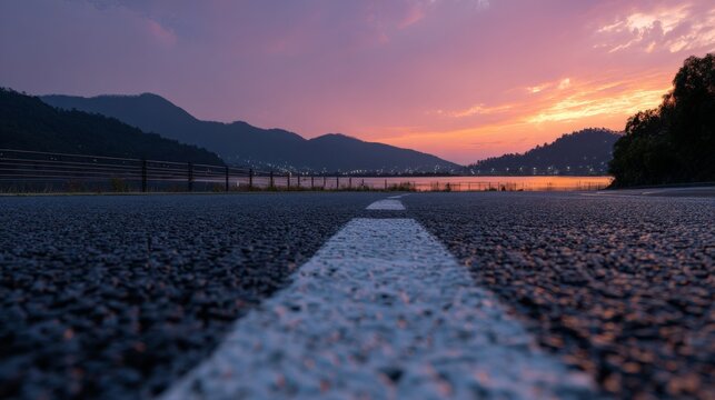 Sunset Road Landscape With Mountain Lake View