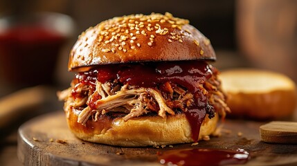 Close-up of a pulled pork sandwich on a sesame seed bun, generously topped with tangy barbecue sauce;  a wooden board and a side of bun are visible