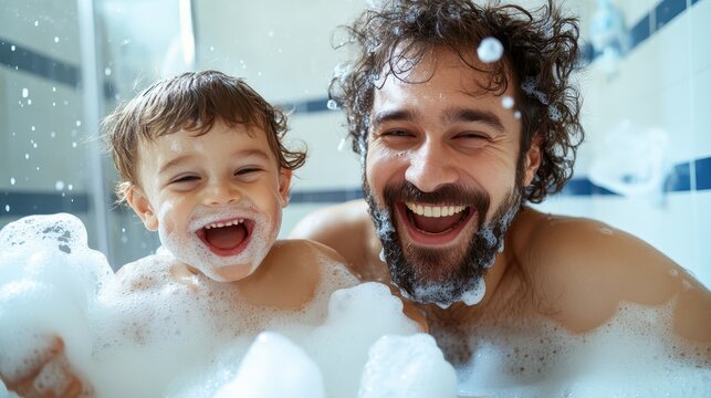 A joyful father and child enjoying a playful bath time, surrounded by bubbles and laughter. Their expressions capture the essence of love, fun, and precious family moments together.