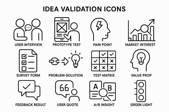 Idea validation icons for user testing and market interest analysis