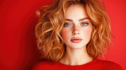 Fototapeta premium This striking portrait features a young woman with curly red hair and freckles against a vivid red background, emphasizing beauty, confidence, and warmth.