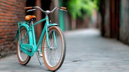 A charming vintage bicycle with a teal frame rests on a cobblestone street, evoking nostalgia for leisurely days and the joy of exploration in urban settings.