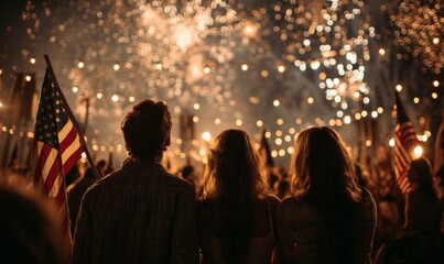 A crowd watches fireworks and holds American flags at a nighttime celebration.
