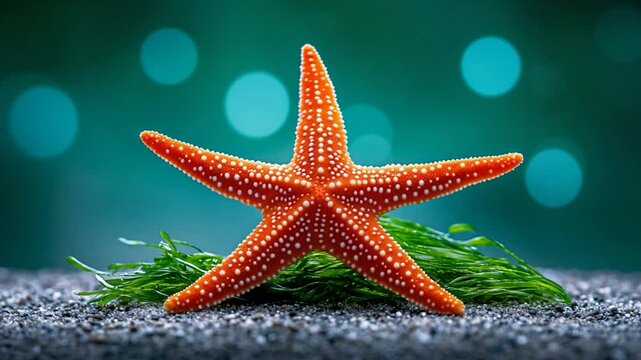 Orange Starfish on Beach with Seaweed