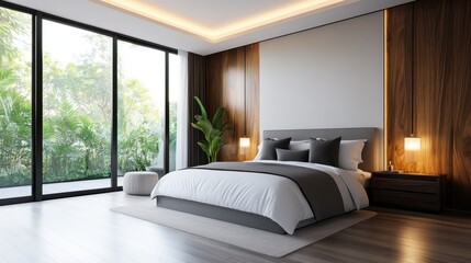 A serene modern bedroom featuring neutral tones, large windows providing natural light, and stylish decor to create a peaceful and inviting atmosphere.