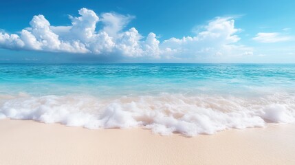 Fototapeta premium A serene beach scene featuring soft waves lapping against a pristine shore, under a bright blue sky filled with fluffy clouds, inviting relaxation and peace.