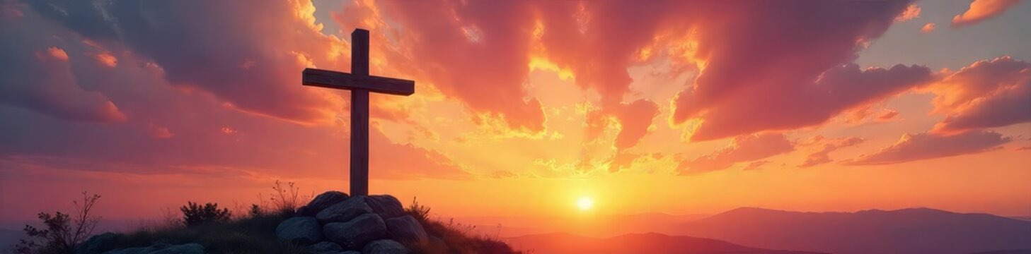 A rustic wooden cross stands tall against a vibrant sunset, symbolizing faith, hope, and redemption  Perfect for Easter, Lent, or any religious themed project  ,  forgiveness,  salvation