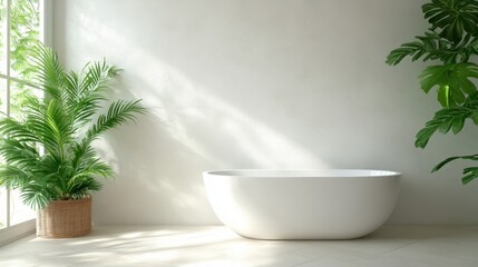 A minimalist white bathtub impeccably positioned in a bright, airy space, adorned with sunlight streaming through large windows and complemented by lush green plants.