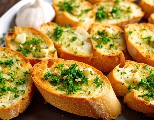 Crunchy garlic bread slices topped with melted butter and fresh herbs