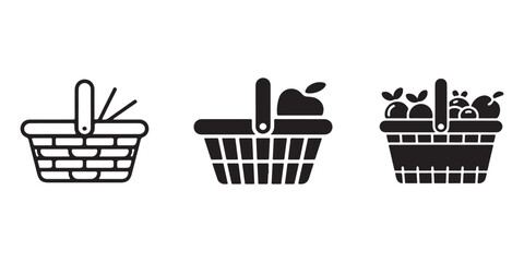 Three black basket icons empty apple and fruit