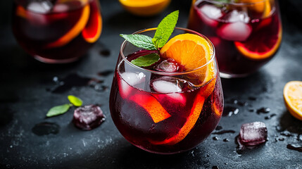 Sangria with red wine, orange and lemon slices on a dark background, top view. Fruit drink or cocktail in a glass, perfect for a summer party or wedding ceremony.