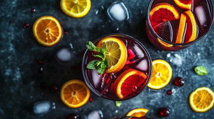 Sangria with red wine, orange and lemon slices on a dark background, top view. Fruit drink or cocktail in a glass, perfect for a summer party or wedding ceremony.