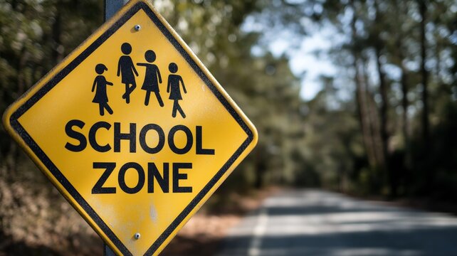 School zone sign alerts drivers to pedestrian activity in a residential area