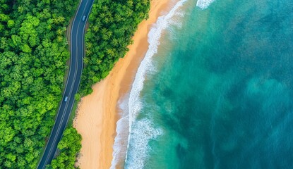 Aerial View Of Tropical Coastline With Road And Beach