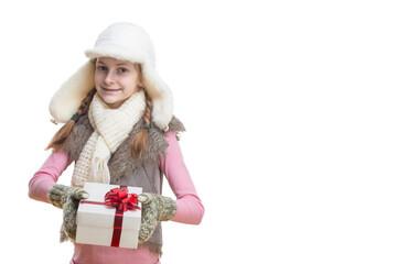 Portrait of Caucasian Blond Girl in Winter Clothing Holding White Giftbox Wrapped in Red Ribbon.