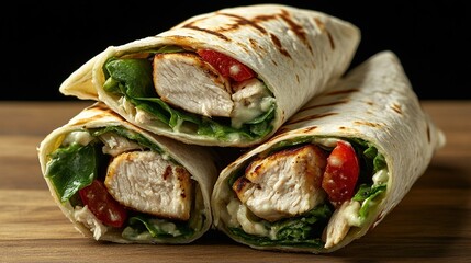 Three grilled chicken wraps with spinach, tomatoes, and creamy sauce on a wooden board