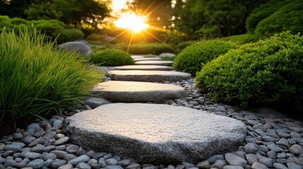 Obraz premium A serene garden pathway leading toward a stunning sunset, enveloped in vibrant greenery, inviting peace and reflection amidst nature's beauty and tranquility.