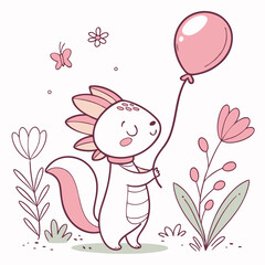 Peaceful Axolotl illustration Spring garden SVG (with a balloon)