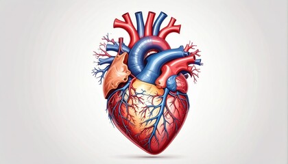 Detailed Illustration of a Human Heart with Arteries and Veins on White Background