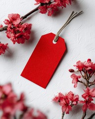 A red blank shopping tag with a string is surrounded by red and pink flowers on a white background.