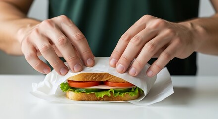 Preparing a fresh sandwich wrap with healthy ingredients, a delicious lunch snack